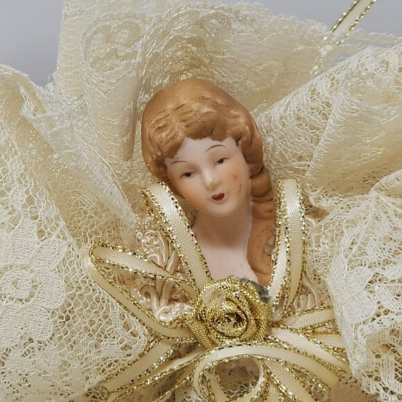 Vintage Porcelain Doll Wrapped In Lace With Gold Accents Christmas Ornament - Picture 2 of 5